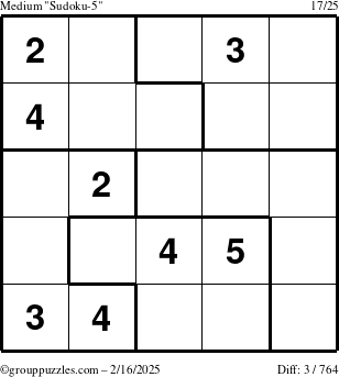 The grouppuzzles.com Medium Sudoku-5 puzzle for Sunday February 16, 2025