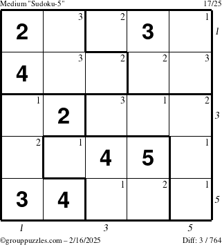 The grouppuzzles.com Medium Sudoku-5 puzzle for Sunday February 16, 2025 with all 3 steps marked