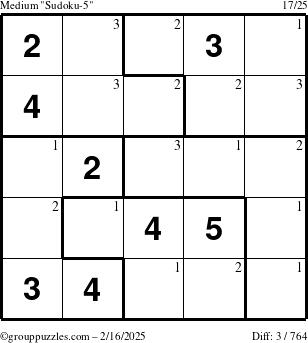 The grouppuzzles.com Medium Sudoku-5 puzzle for Sunday February 16, 2025 with the first 3 steps marked