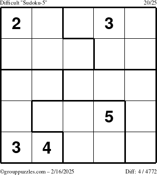 The grouppuzzles.com Difficult Sudoku-5 puzzle for Sunday February 16, 2025