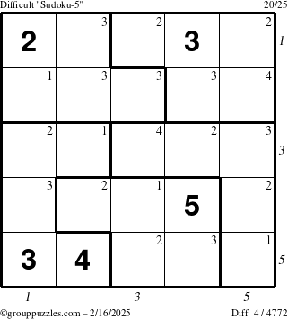 The grouppuzzles.com Difficult Sudoku-5 puzzle for Sunday February 16, 2025, suitable for printing, with all 4 steps marked