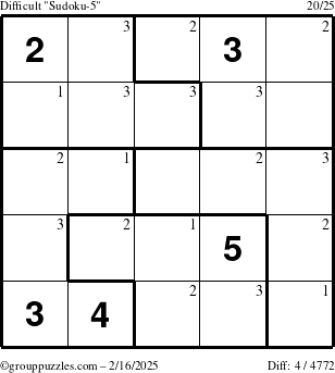 The grouppuzzles.com Difficult Sudoku-5 puzzle for Sunday February 16, 2025 with the first 3 steps marked