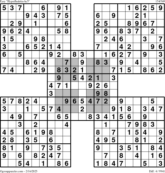 The grouppuzzles.com Easy HyperSudoku-by5 puzzle for Sunday February 16, 2025