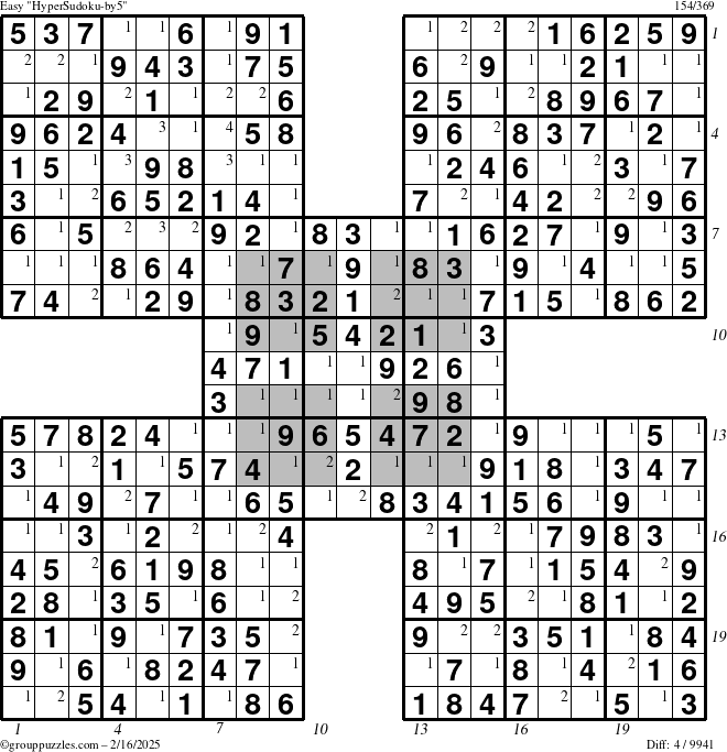 The grouppuzzles.com Easy HyperSudoku-by5 puzzle for Sunday February 16, 2025 with all 4 steps marked