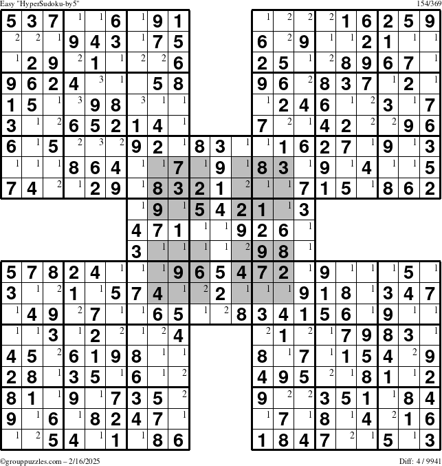 The grouppuzzles.com Easy HyperSudoku-by5 puzzle for Sunday February 16, 2025 with the first 3 steps marked