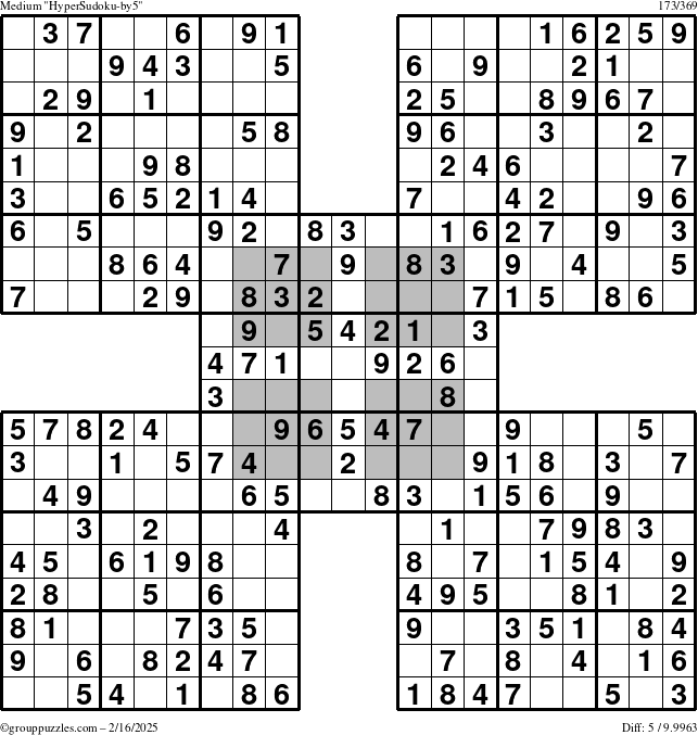 The grouppuzzles.com Medium HyperSudoku-by5 puzzle for Sunday February 16, 2025