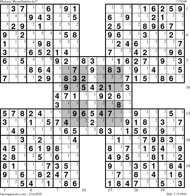 The grouppuzzles.com Medium HyperSudoku-by5 puzzle for Sunday February 16, 2025 with all 5 steps marked