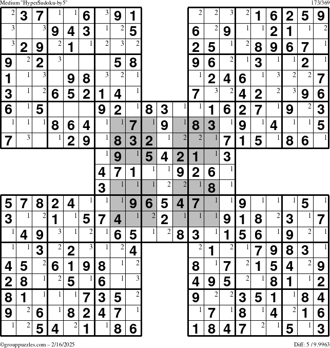 The grouppuzzles.com Medium HyperSudoku-by5 puzzle for Sunday February 16, 2025 with the first 3 steps marked