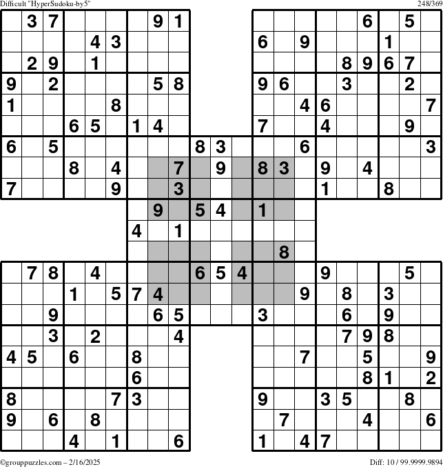 The grouppuzzles.com Difficult HyperSudoku-by5 puzzle for Sunday February 16, 2025