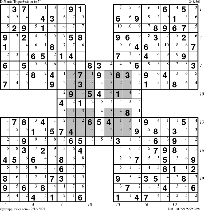 The grouppuzzles.com Difficult HyperSudoku-by5 puzzle for Sunday February 16, 2025 with all 10 steps marked