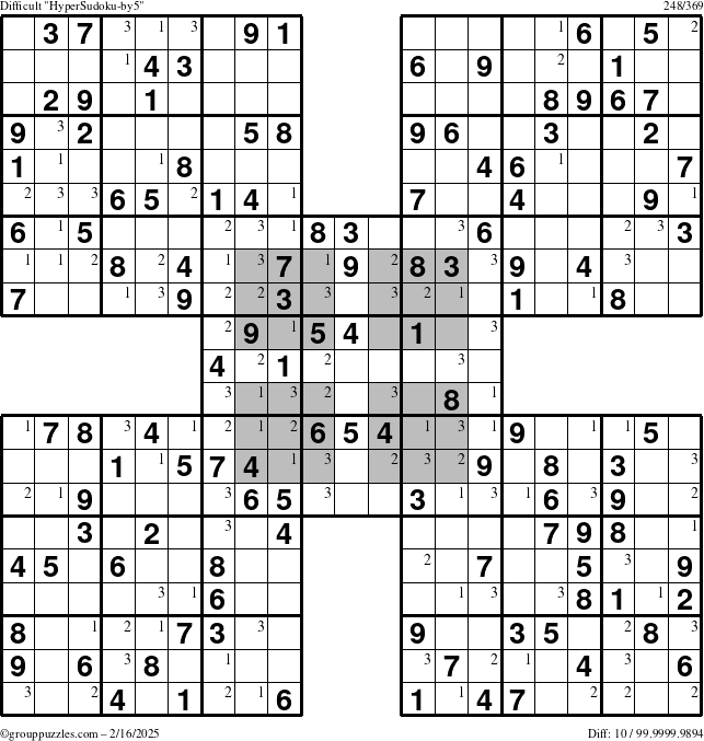 The grouppuzzles.com Difficult HyperSudoku-by5 puzzle for Sunday February 16, 2025 with the first 3 steps marked