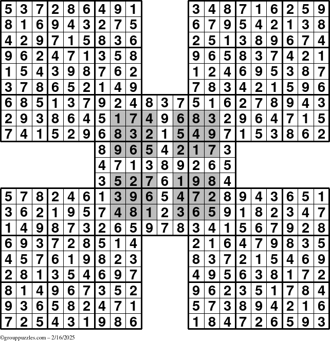 The grouppuzzles.com Answer grid for the HyperSudoku-by5 puzzle for Sunday February 16, 2025