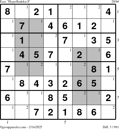 The grouppuzzles.com Easy HyperSudoku-8 puzzle for Sunday February 16, 2025 with all 3 steps marked