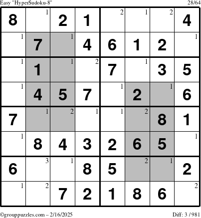 The grouppuzzles.com Easy HyperSudoku-8 puzzle for Sunday February 16, 2025 with the first 3 steps marked