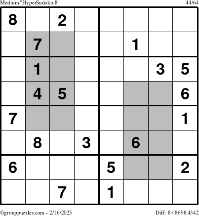 The grouppuzzles.com Medium HyperSudoku-8 puzzle for Sunday February 16, 2025