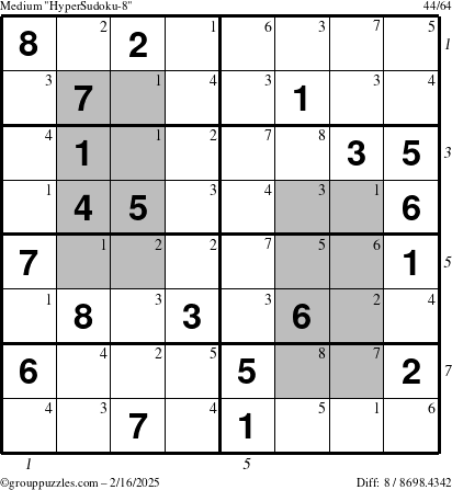 The grouppuzzles.com Medium HyperSudoku-8 puzzle for Sunday February 16, 2025, suitable for printing, with all 8 steps marked