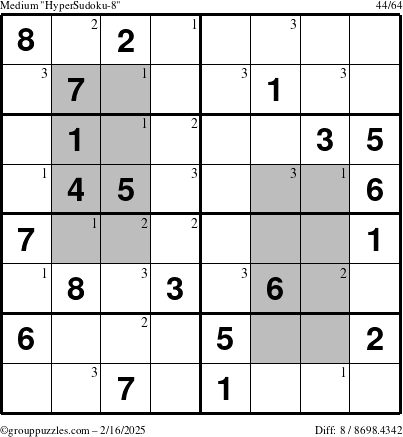 The grouppuzzles.com Medium HyperSudoku-8 puzzle for Sunday February 16, 2025 with the first 3 steps marked