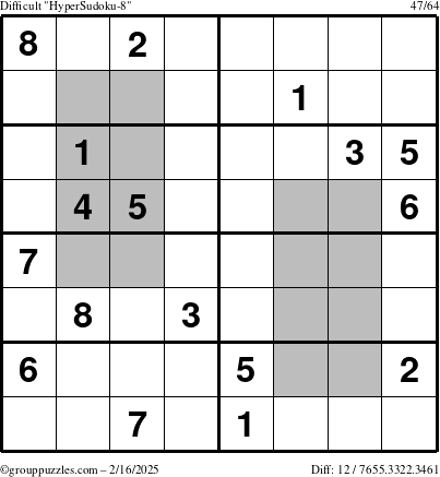 The grouppuzzles.com Difficult HyperSudoku-8 puzzle for Sunday February 16, 2025