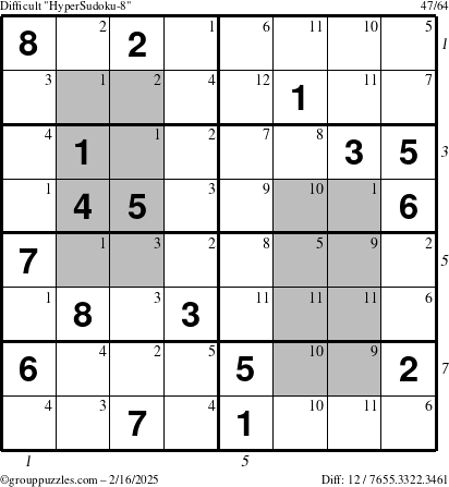 The grouppuzzles.com Difficult HyperSudoku-8 puzzle for Sunday February 16, 2025 with all 12 steps marked