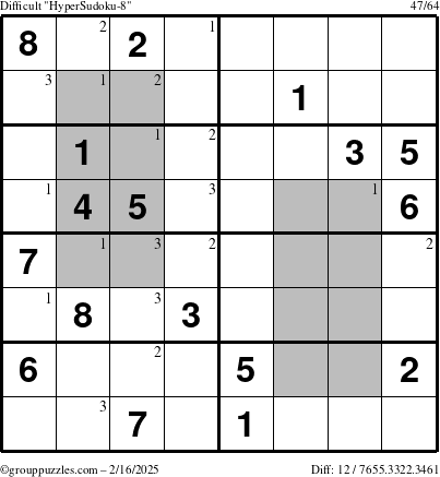 The grouppuzzles.com Difficult HyperSudoku-8 puzzle for Sunday February 16, 2025 with the first 3 steps marked