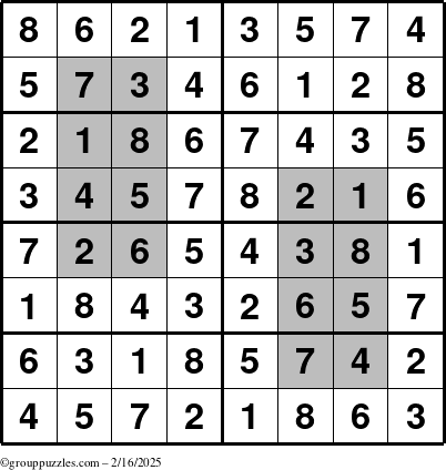 The grouppuzzles.com Answer grid for the HyperSudoku-8 puzzle for Sunday February 16, 2025