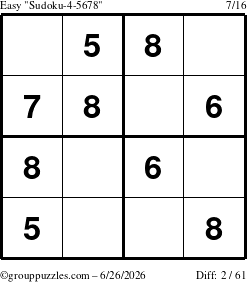 The grouppuzzles.com Easy Sudoku-4-5678 puzzle for Friday June 26, 2026