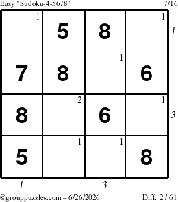 The grouppuzzles.com Easy Sudoku-4-5678 puzzle for Friday June 26, 2026 with all 2 steps marked