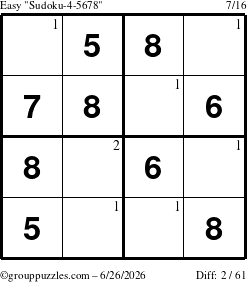 The grouppuzzles.com Easy Sudoku-4-5678 puzzle for Friday June 26, 2026 with the first 2 steps marked
