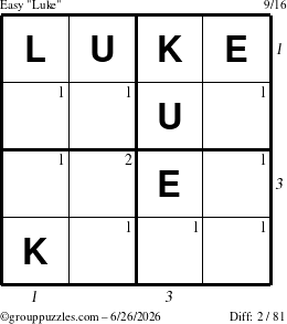 The grouppuzzles.com Easy Luke puzzle for Friday June 26, 2026 with all 2 steps marked