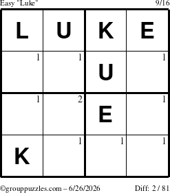 The grouppuzzles.com Easy Luke puzzle for Friday June 26, 2026 with the first 2 steps marked