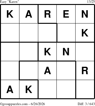 The grouppuzzles.com Easy Karen puzzle for Friday June 26, 2026