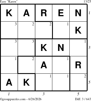The grouppuzzles.com Easy Karen puzzle for Friday June 26, 2026, suitable for printing, with all 3 steps marked