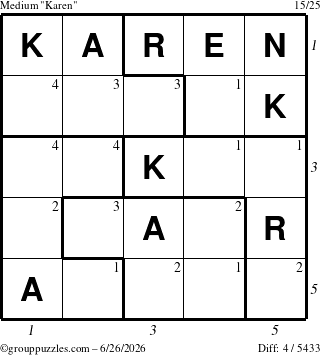 The grouppuzzles.com Medium Karen puzzle for Friday June 26, 2026, suitable for printing, with all 4 steps marked