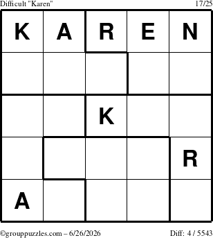 The grouppuzzles.com Difficult Karen puzzle for Friday June 26, 2026