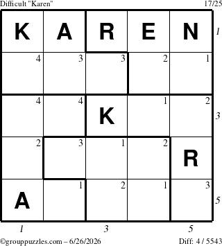 The grouppuzzles.com Difficult Karen puzzle for Friday June 26, 2026 with all 4 steps marked