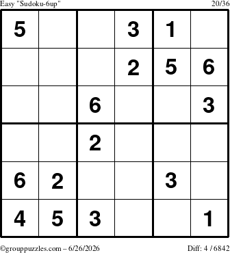 The grouppuzzles.com Easy Sudoku-6up puzzle for Friday June 26, 2026