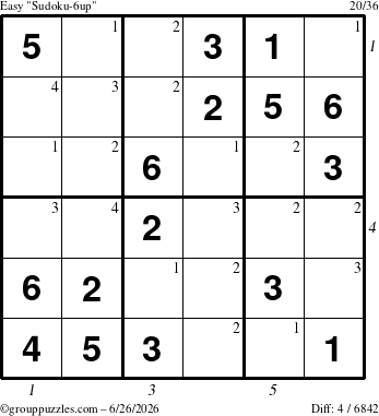 The grouppuzzles.com Easy Sudoku-6up puzzle for Friday June 26, 2026 with all 4 steps marked