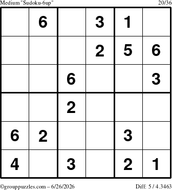 The grouppuzzles.com Medium Sudoku-6up puzzle for Friday June 26, 2026
