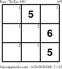 The grouppuzzles.com Easy TicTac-456 puzzle for Friday June 26, 2026 with the first 2 steps marked