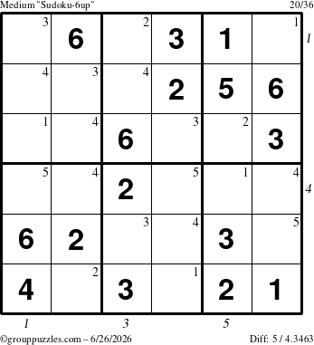 The grouppuzzles.com Medium Sudoku-6up puzzle for Friday June 26, 2026, suitable for printing, with all 5 steps marked