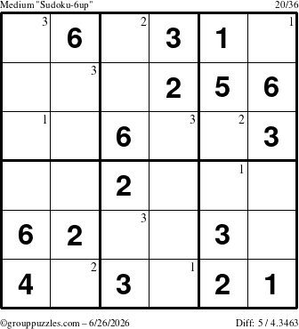The grouppuzzles.com Medium Sudoku-6up puzzle for Friday June 26, 2026 with the first 3 steps marked