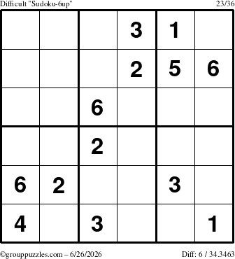 The grouppuzzles.com Difficult Sudoku-6up puzzle for Friday June 26, 2026