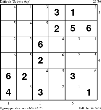The grouppuzzles.com Difficult Sudoku-6up puzzle for Friday June 26, 2026 with all 6 steps marked