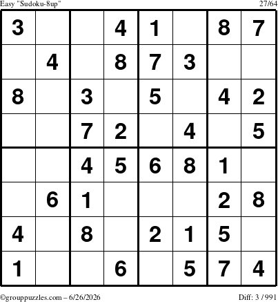 The grouppuzzles.com Easy Sudoku-8up puzzle for Friday June 26, 2026