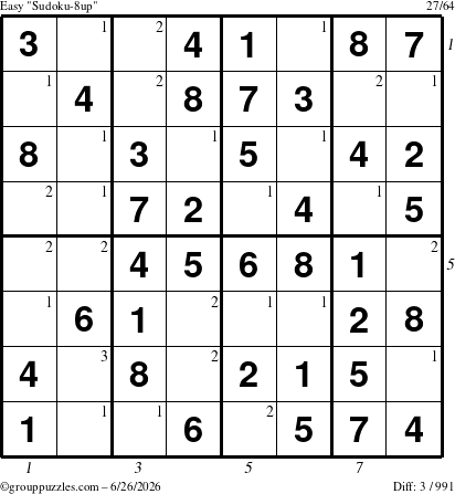 The grouppuzzles.com Easy Sudoku-8up puzzle for Friday June 26, 2026 with all 3 steps marked