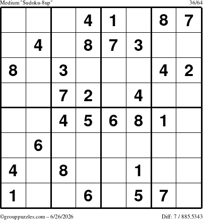 The grouppuzzles.com Medium Sudoku-8up puzzle for Friday June 26, 2026