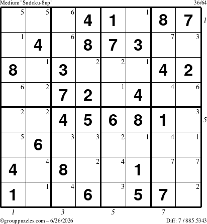 The grouppuzzles.com Medium Sudoku-8up puzzle for Friday June 26, 2026 with all 7 steps marked