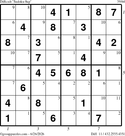 The grouppuzzles.com Difficult Sudoku-8up puzzle for Friday June 26, 2026, suitable for printing, with all 11 steps marked