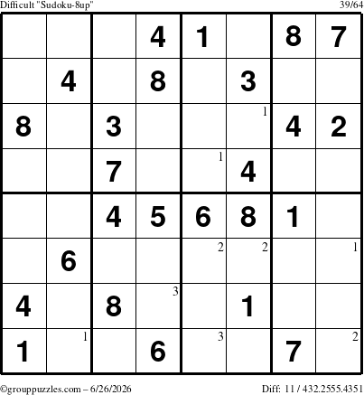 The grouppuzzles.com Difficult Sudoku-8up puzzle for Friday June 26, 2026 with the first 3 steps marked