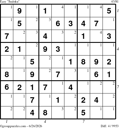 The grouppuzzles.com Easy Sudoku puzzle for Friday June 26, 2026, suitable for printing, with all 4 steps marked